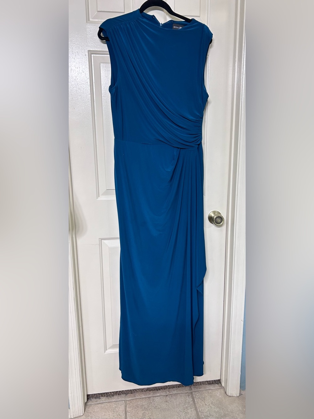 Betsy & Adam Petroleum Blue Shoulder Draped Maxi Dress